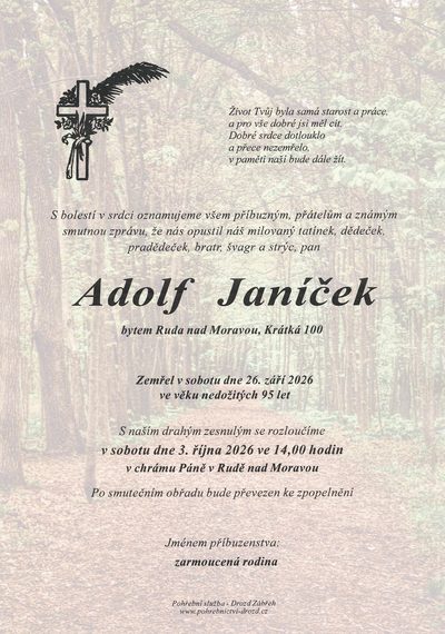 Smuteční oznámení – Adolf Janiček