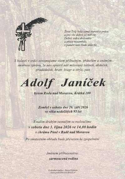 Smuteční oznámení – Adolf Janíček