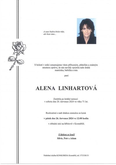 Smuteční oznámení – Alena Linhartová
