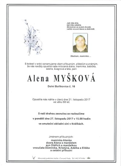 Smuteční oznámení – Alena Myšková
