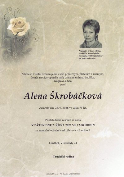 Smuteční oznámení – Alena Skrobackova