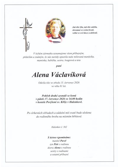 Smuteční oznámení – Alena Václavíková