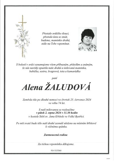 Smuteční oznámení – Alena Žaludová