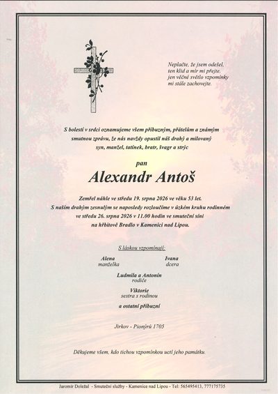 Smuteční oznámení – Alexandr Antoš