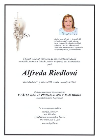 Smuteční oznámení – Alfreda Riedlová