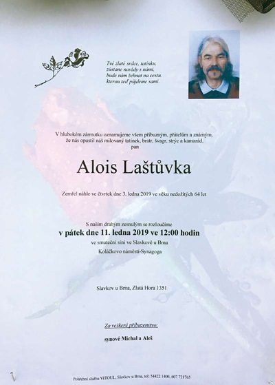 Smuteční oznámení – Alois Laštůvka