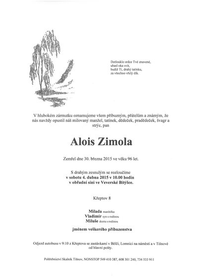 Smuteční oznámení – Alois Zimola