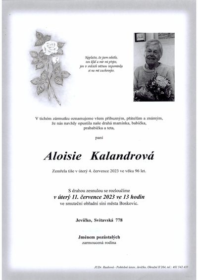 Smuteční oznámení – Aloisie Kalandrová