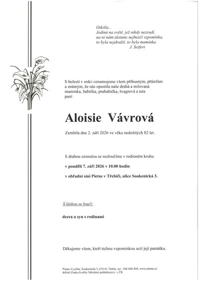 Smuteční oznámení – Aloisie Vávrová