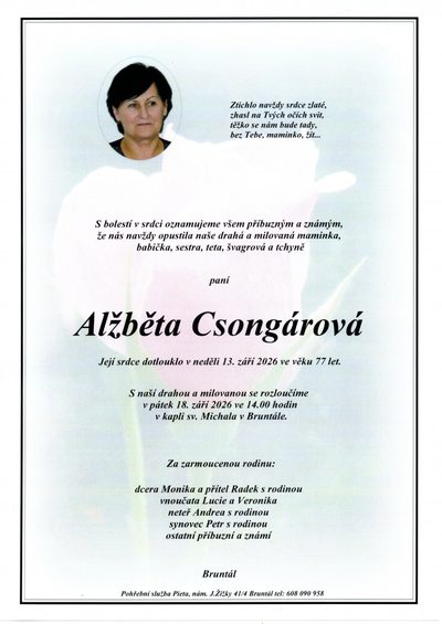 Smuteční oznámení – Alžběta Csongárová
