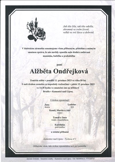 Smuteční oznámení – Alžběta Ondřejková