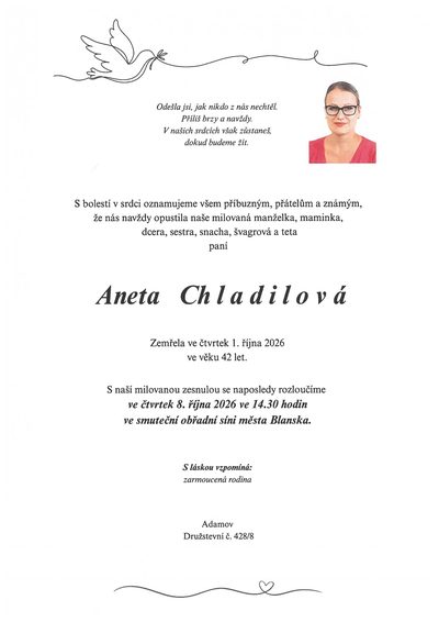 Smuteční oznámení – Aneta Chladilová