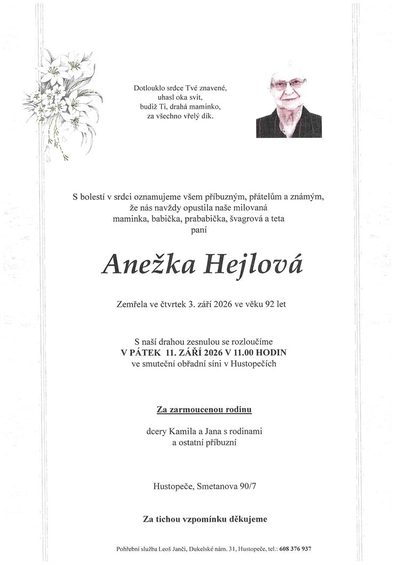 Smuteční oznámení – Anežka Hejlová