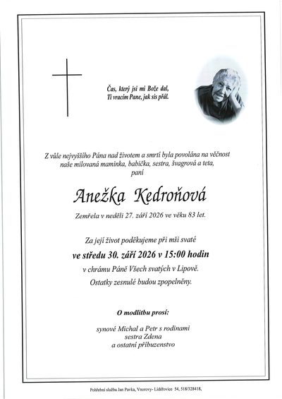Smuteční oznámení – Anežka Kedroňová
