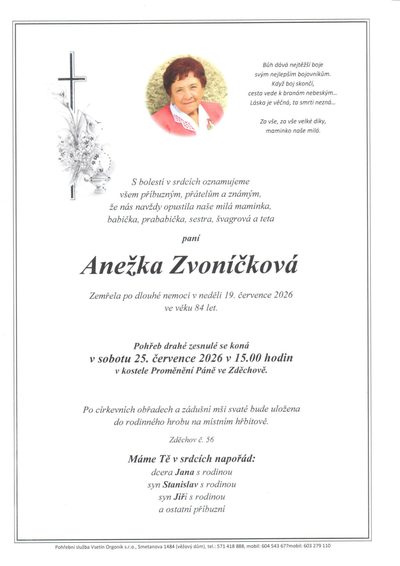 Smuteční oznámení – Anežka Zvoníčková