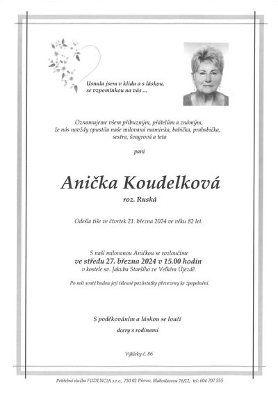 Smuteční oznámení – Anička Koudelková