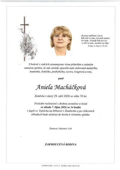 Smuteční oznámení – Aniela Macháčková