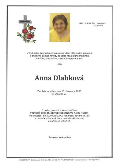 Smuteční oznámení – Anna Dlabková