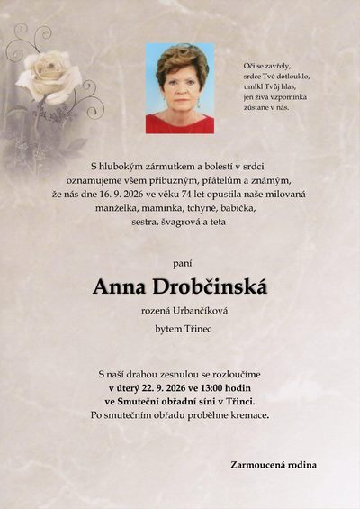 Smuteční oznámení – Anna Drobčinská