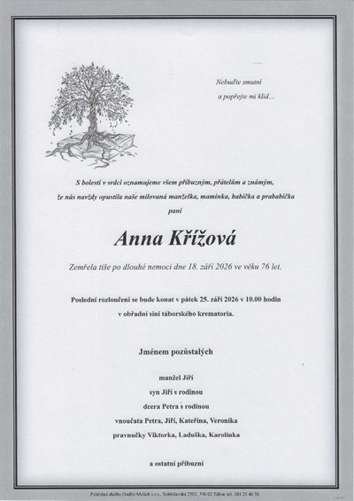Smuteční oznámení – Anna Křížová