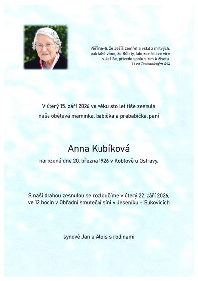 Smuteční oznámení – Anna Kubíková