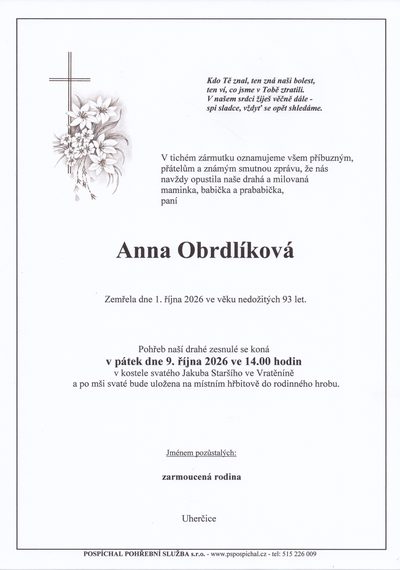 Smuteční oznámení – Anna Obrdlíková
