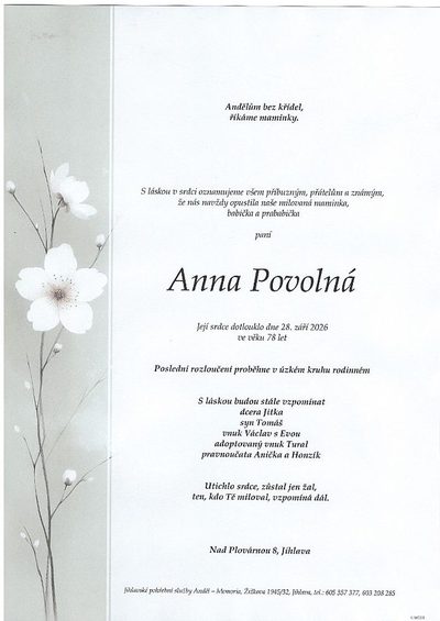 Smuteční oznámení – Anna Povolná