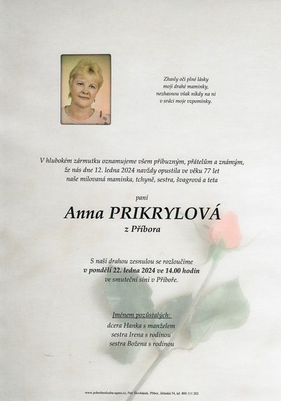Smuteční oznámení – Anna Prikrylová