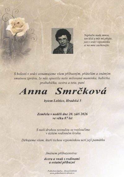 Smuteční oznámení – Anna Smrčková