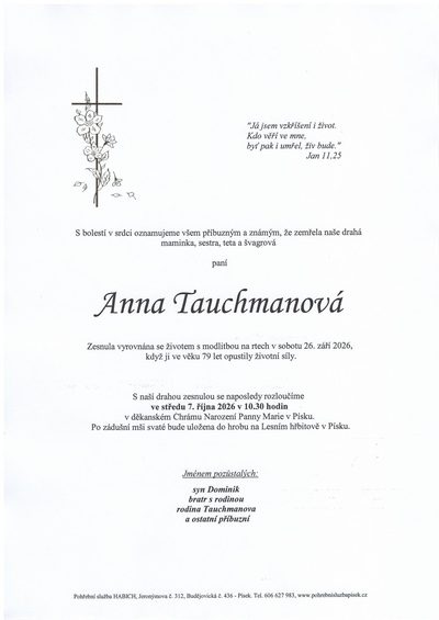 Smuteční oznámení – Anna Tauchmanová