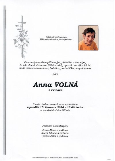 Smuteční oznámení – Anna Volná
