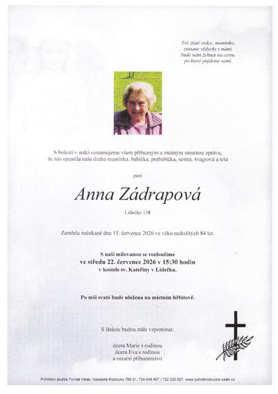 Smuteční oznámení – Anna Zádďdrapová