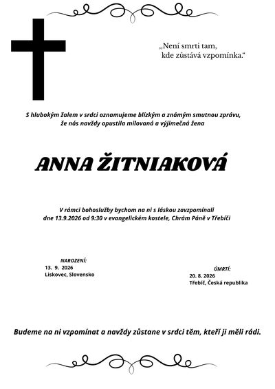Smuteční oznámení – Anna Žitniaková