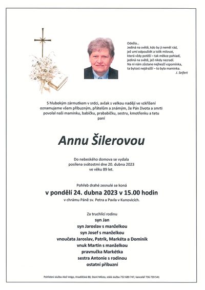 Smuteční oznámení – Annu Šilerovou
