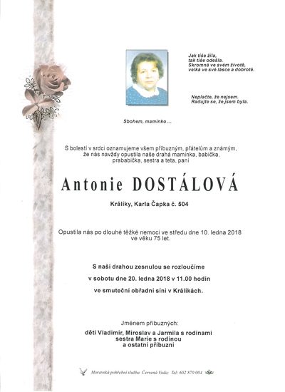 Smuteční oznámení – Antonie Dostálová