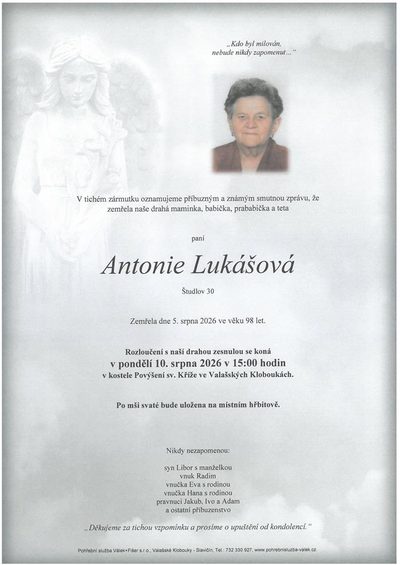 Smuteční oznámení – Antonie Lukášová