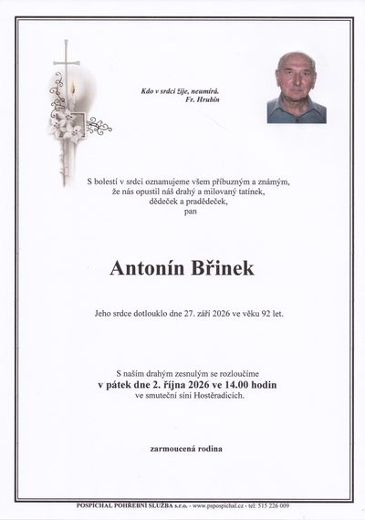 Smuteční oznámení – Antonín Břinek