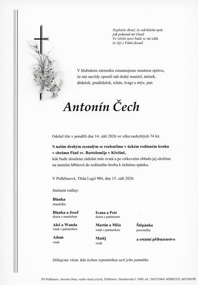 Smuteční oznámení – Antonín Čech