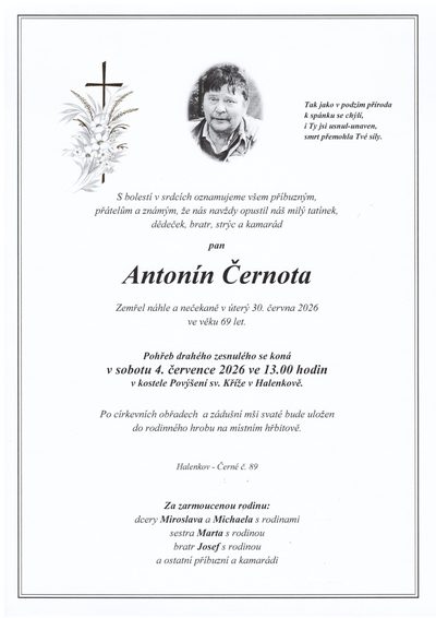 Smuteční oznámení – Antonín Cernota