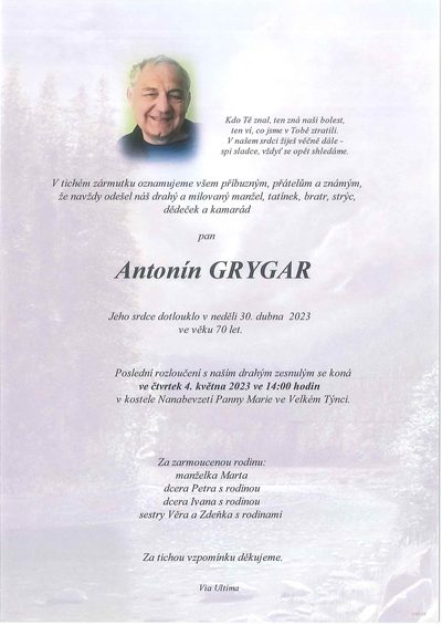 Smuteční oznámení – Antonín Grygar