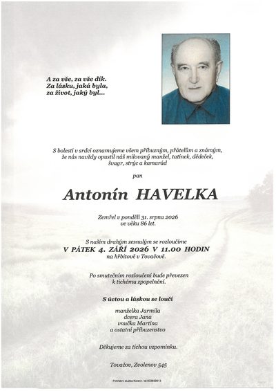 Smuteční oznámení – Antonín Havelka