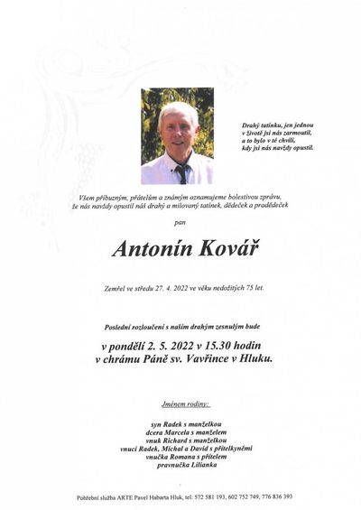Smuteční oznámení – Antonín Kovář