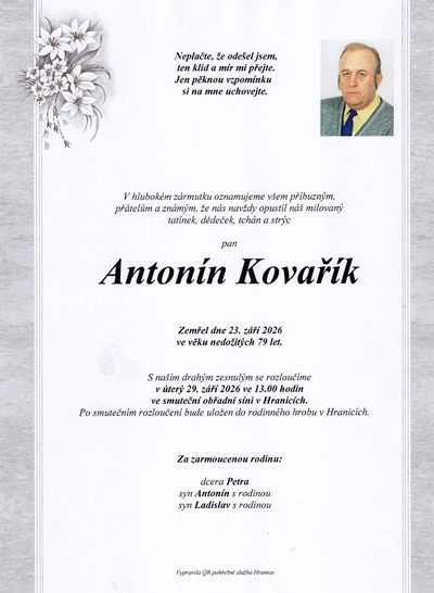 Smuteční oznámení – Antonín Kovařík