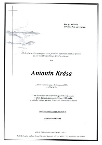 Smuteční oznámení – Antonín Krása