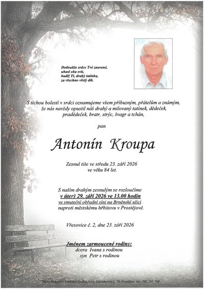 Smuteční oznámení – Antonín Kroupa