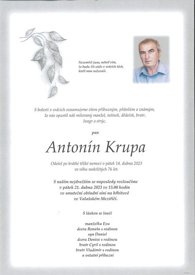 Smuteční oznámení – Antonín Krupa