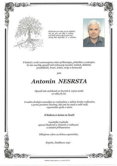 Smuteční oznámení – Antonín Nesrsta