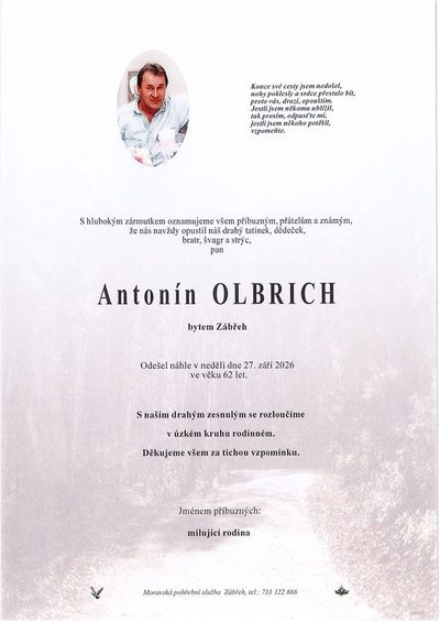 Smuteční oznámení – Antonín Olbrich
