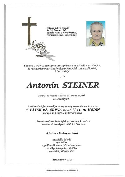 Smuteční oznámení – Antonín Steiner