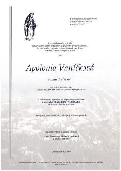 Smuteční oznámení – Apolonia Vaníčková